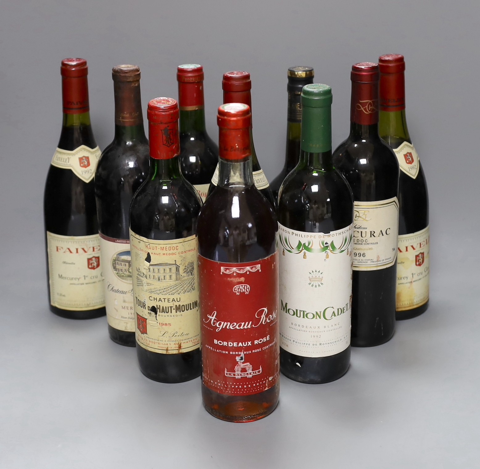 Ten bottles of various wine to include three bottles of 1992 Faiveley Mercurey 1er Cru Clos du Roy, 1985 Chateau Tour du Haut Moulin, 1985 Chateau Ste Michelle, 1993 Versant Royal Grand vin de Bordeaux and others